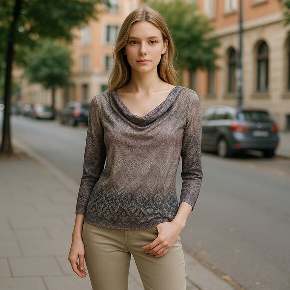 Vintage Y2K 2000s Axcess Brown Pink Draped Neck Long Sleeve Top Boho Small - Picture 1 of 6